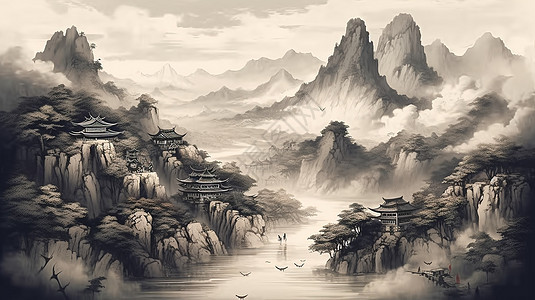 水墨中式风景画背景图片