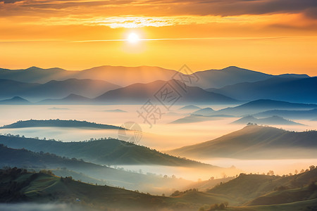 云雾山谷云雾朦胧的山间日出景观背景