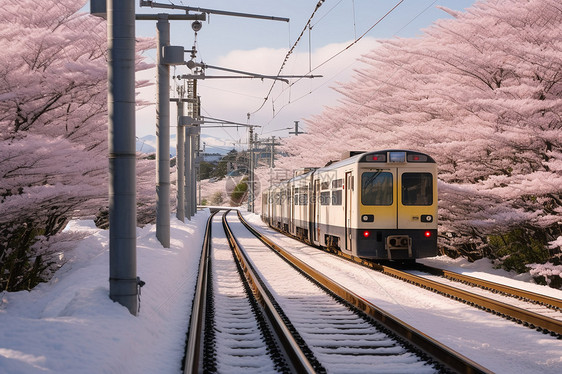 京都樱花树下的火车图片