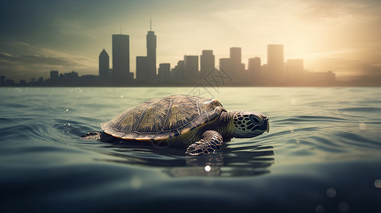 海洋城市化主题的合成图一张海龟在水中背景是城市天际线图片
