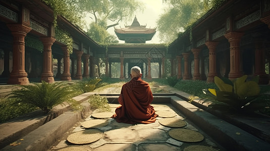 一位老和尚在寺庙花园里冥想图片
