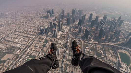 脚下的世界跳伞运动员对下面广阔大都市的全景图片