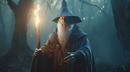 神奇森林里的一位巫师拄着拐杖图片