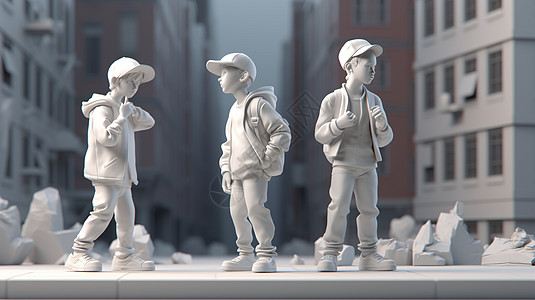 城市街道上姿态各异的3D人物模型图片