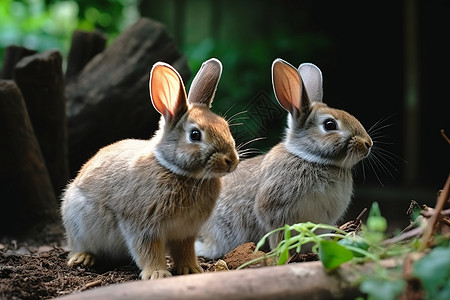 花园里的两只兔子背景图片
