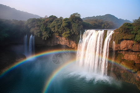 瀑布之上彩虹阳光洒在溅起的水雾之上背景