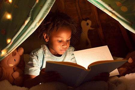 儿童在阅读睡前故事背景图片