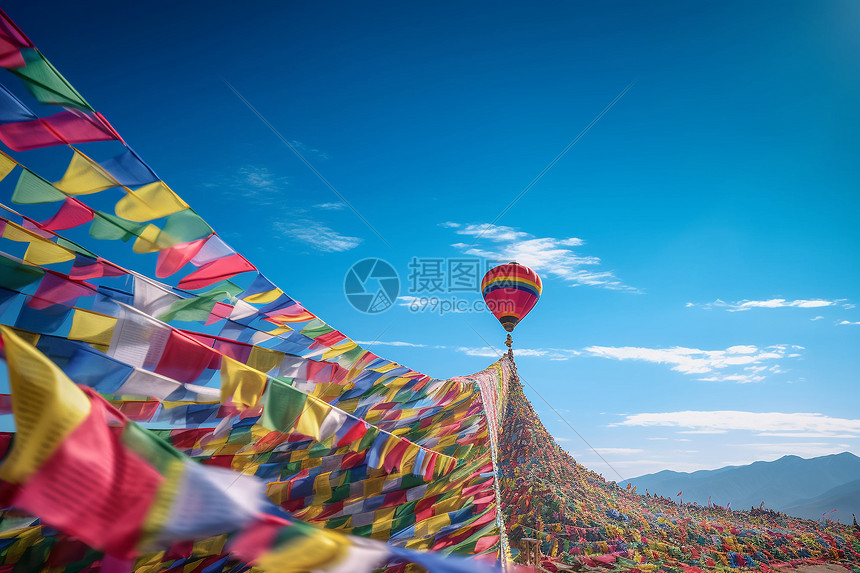 蓝蓝天空下的经幡图片