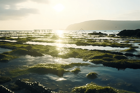 夕阳下的海藻农场图片