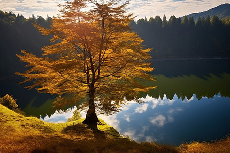 枫树和湖泊美景图片