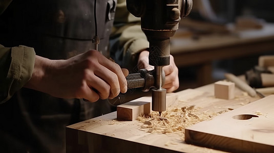木工使用手钻雕刻木头图片
