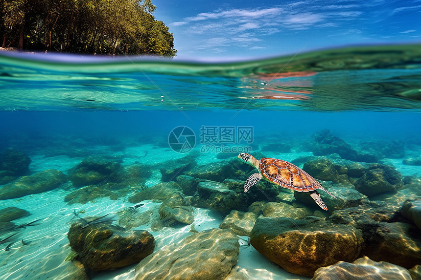 蓝色海洋内的海龟高清图片下载-正版图片600195702-摄图网