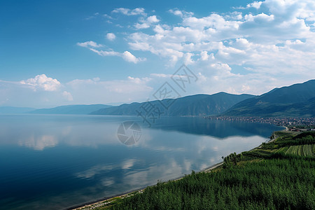 蓝天下的湖水蓝天下美丽的洱海背景