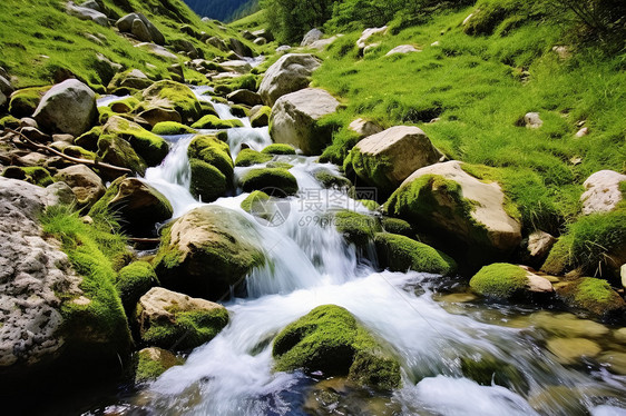 小溪中的岩石青苔图片