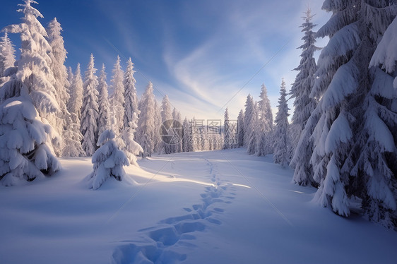 蓝天下洁白的森林雪景图片