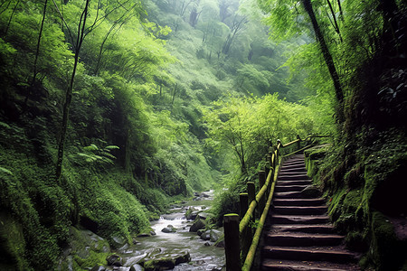 树林植被河流风景图片