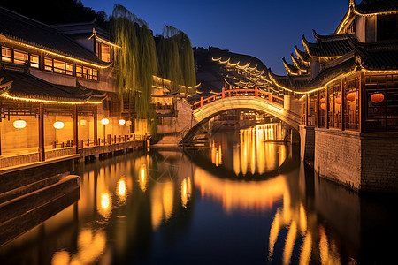 河流拱桥夜景背景图片