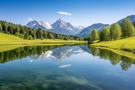 森林草地湖边连绵的山脉背景