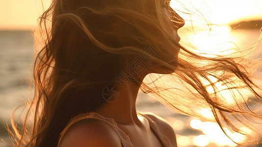 女人在海风中飘逸的长发图片