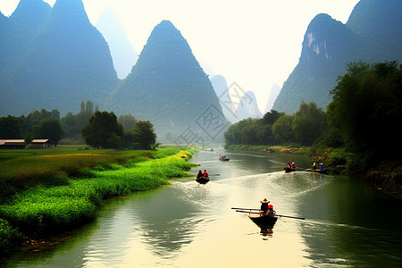 河流远山竹筏图片