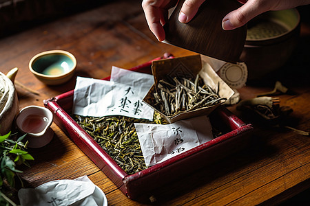 桌子上的茶叶背景图片