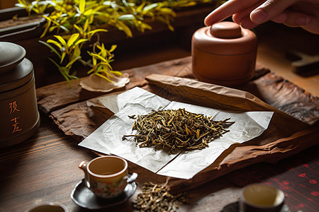 桌子上的普洱茶背景图片