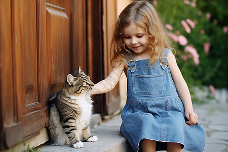 开心的猫夏天可爱的小猫咪和小女孩背景