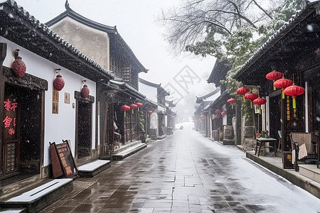 江南雪下雪的江南古镇背景