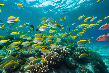 海洋珊瑚礁与鱼群高清图片