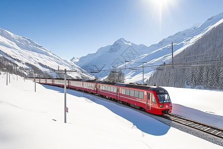 雪山中行驶的旅客列车高清图片