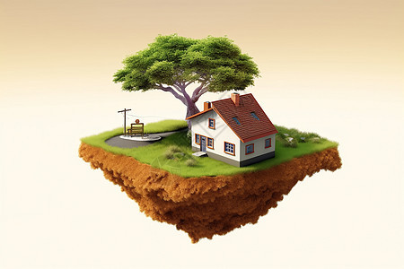 房屋和树木漂浮在一个岛上图片