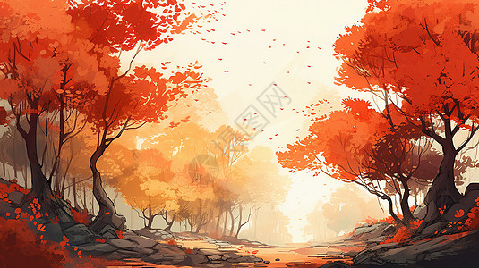 火红的森林景色插画图片