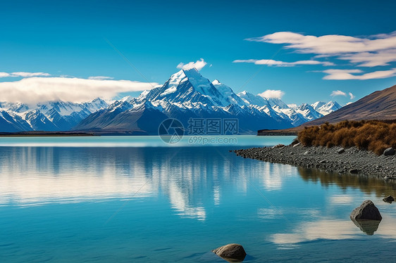 雪山下宁静的湖面图片