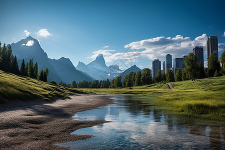 夏季旅游山下河边风景图片