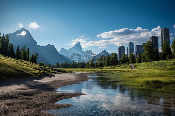 夏季旅游山下河边风景图片