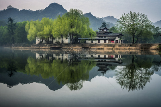 乡村和湖泊风景图片