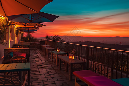 日落时的餐厅露台图片