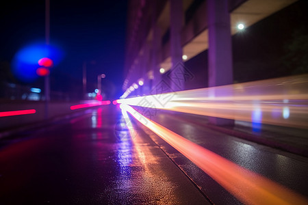 夜间道路上灯光模糊图片