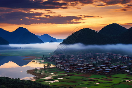 云海田园风光背景图片