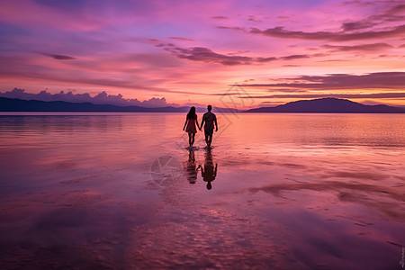 一对夫妇在日落时分沿着海滩浪漫漫步图片