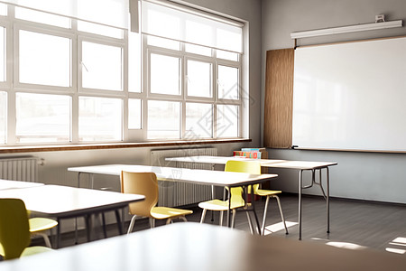 窗外阳光的教室与木制桌椅图片