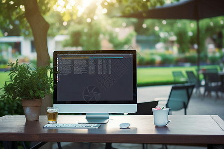 户外桌子上带有编程语言代码的计算机显示器高清图片