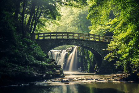 绿色森林瀑布风景图片