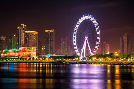 夜色下的江景摩天轮图片