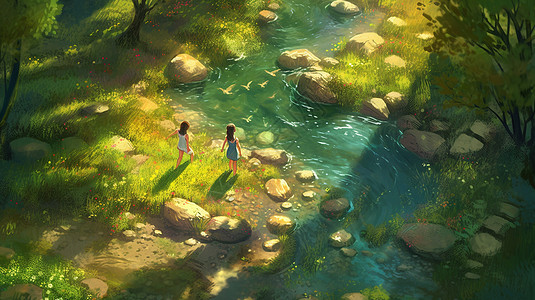 男孩和女孩在溪流中玩耍图片