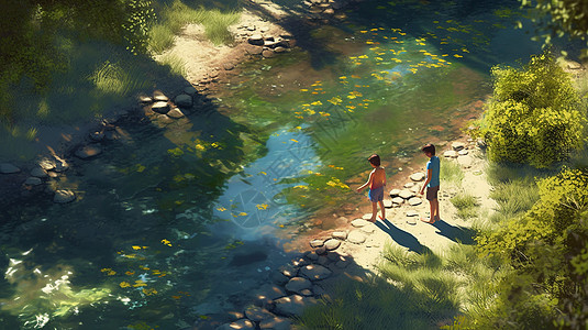 男孩和女孩在溪水边玩耍图片