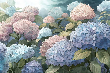 绣球花花园水彩画背景图片