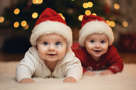 两个戴圣诞帽的婴儿图片