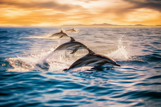 海洋中跳跃的野生海豚图片