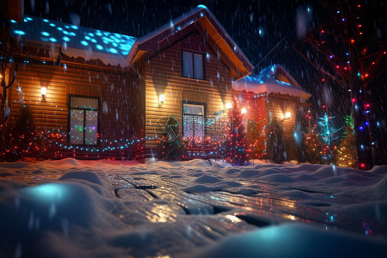 雪中的圣诞木屋图片